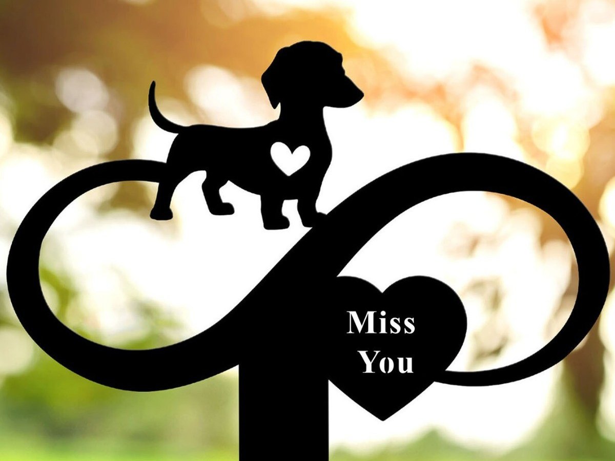 Black steel garden stake cut as a dog silhouette with a heart and the words Miss You