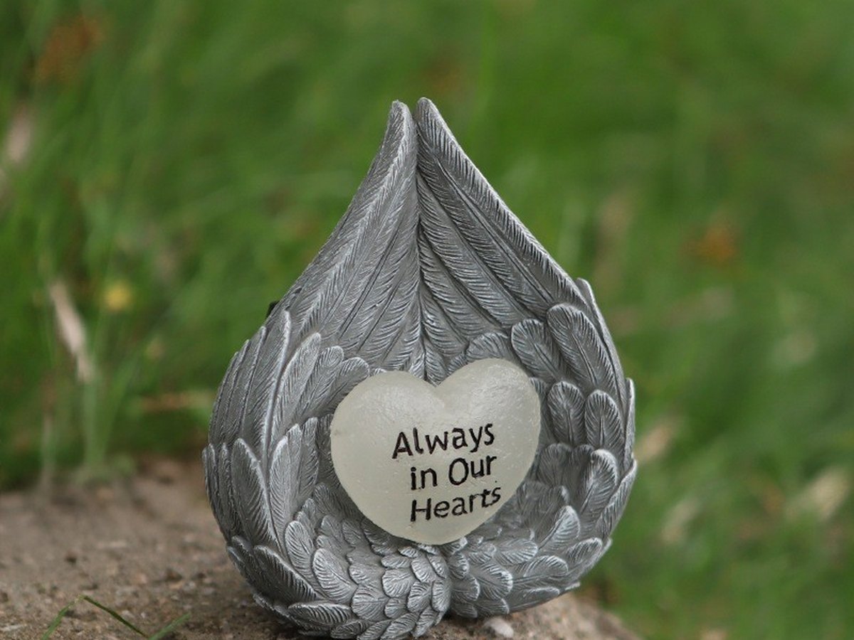 Teardrop shaped grey memorial stone engraved Always In Our Hearts