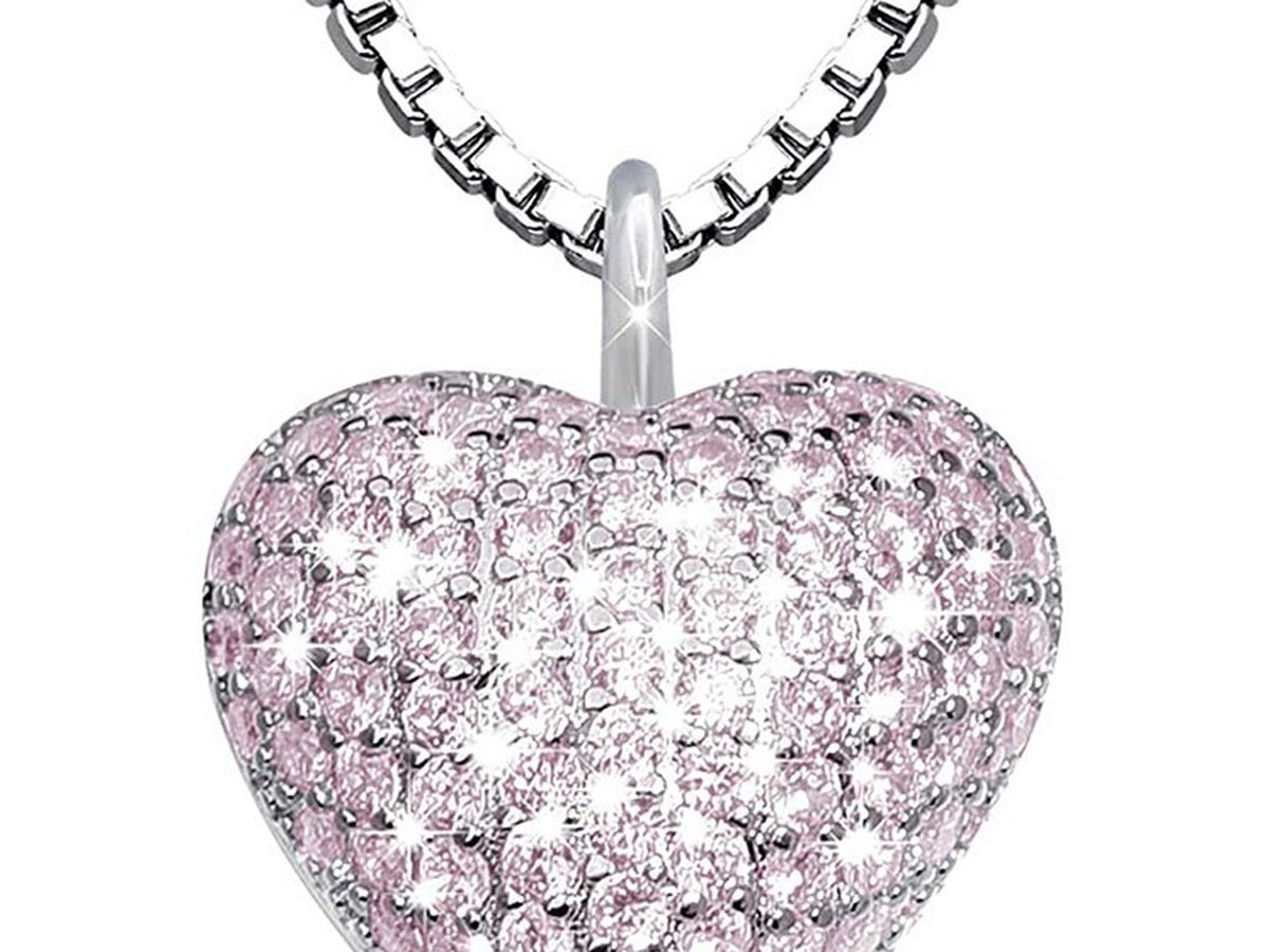 Pink crystal heart pendant filled with small stones, on a silver chain
