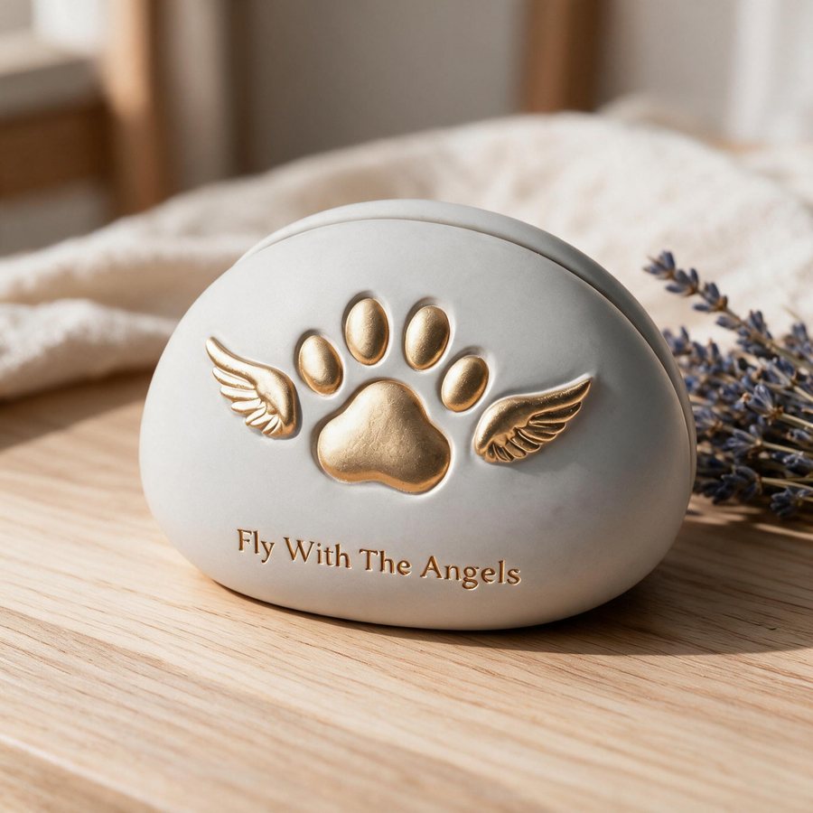 Ivory resin keepsake urn with a gold winged paw print and the words Fly With The Angels