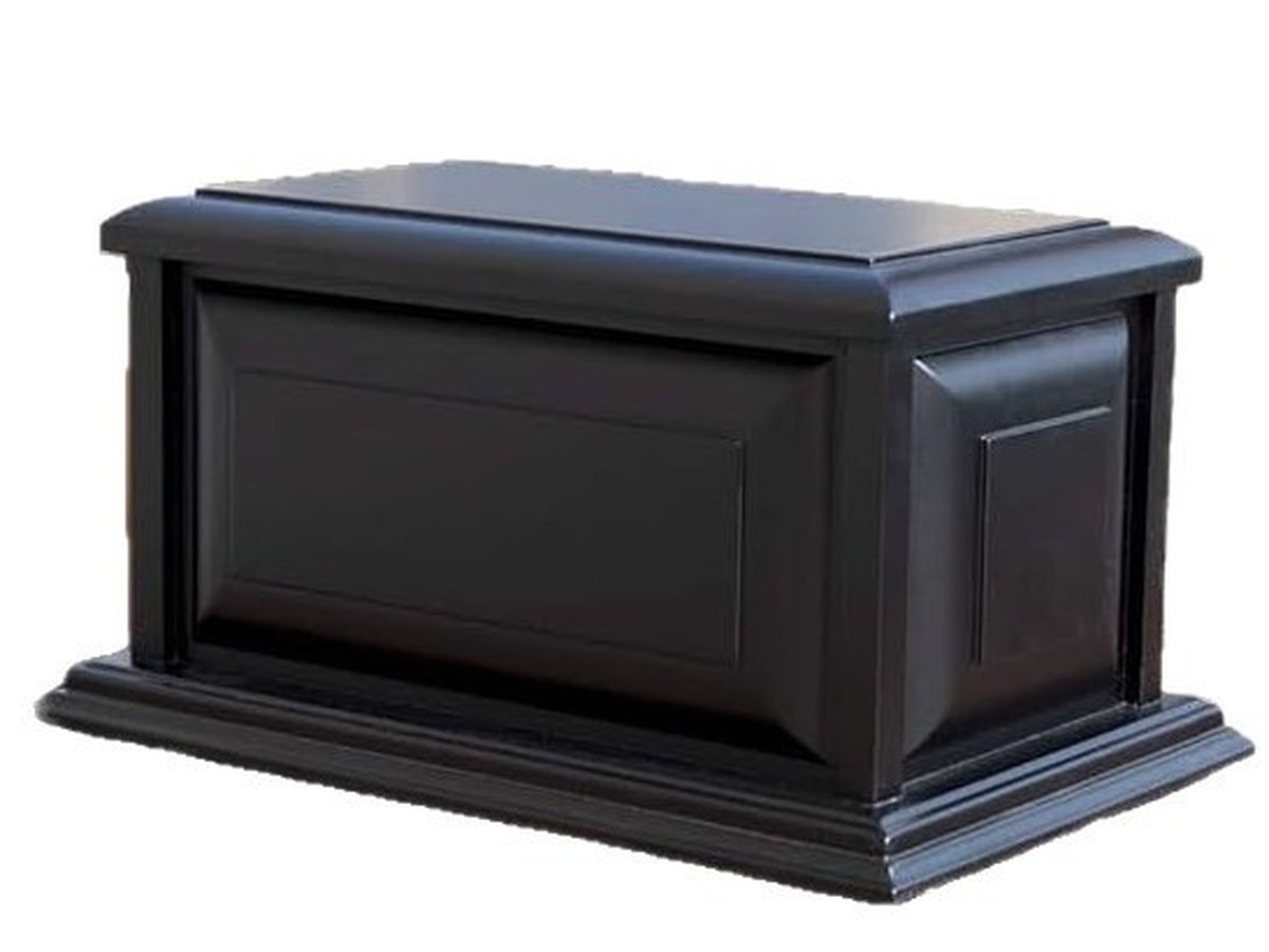 Solid hardwood pet urn with a matte black lacquer finish and a lift-off lid