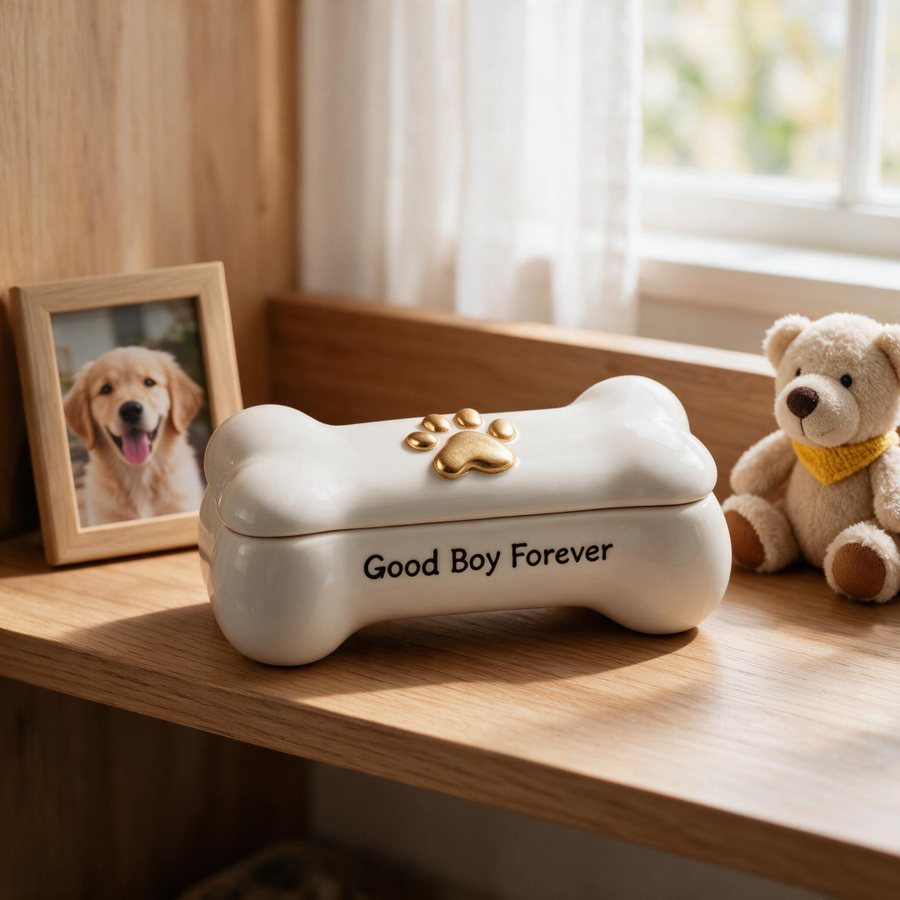Bone shaped white resin pet urn engraved with the words Good Boy Forever