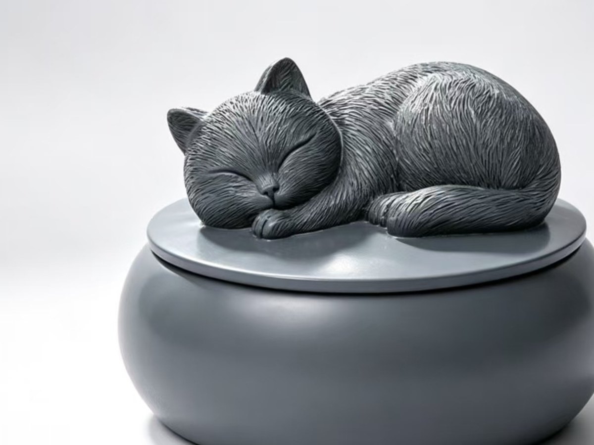 Round grey pet memorial urn with a sleeping cat sculpture on the lid