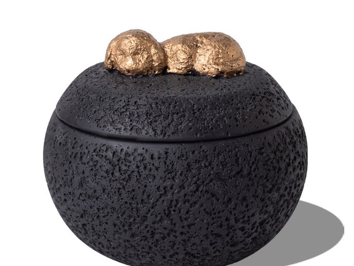 Charcoal cast stone pet urn with a bronze sleeping cat on the lid
