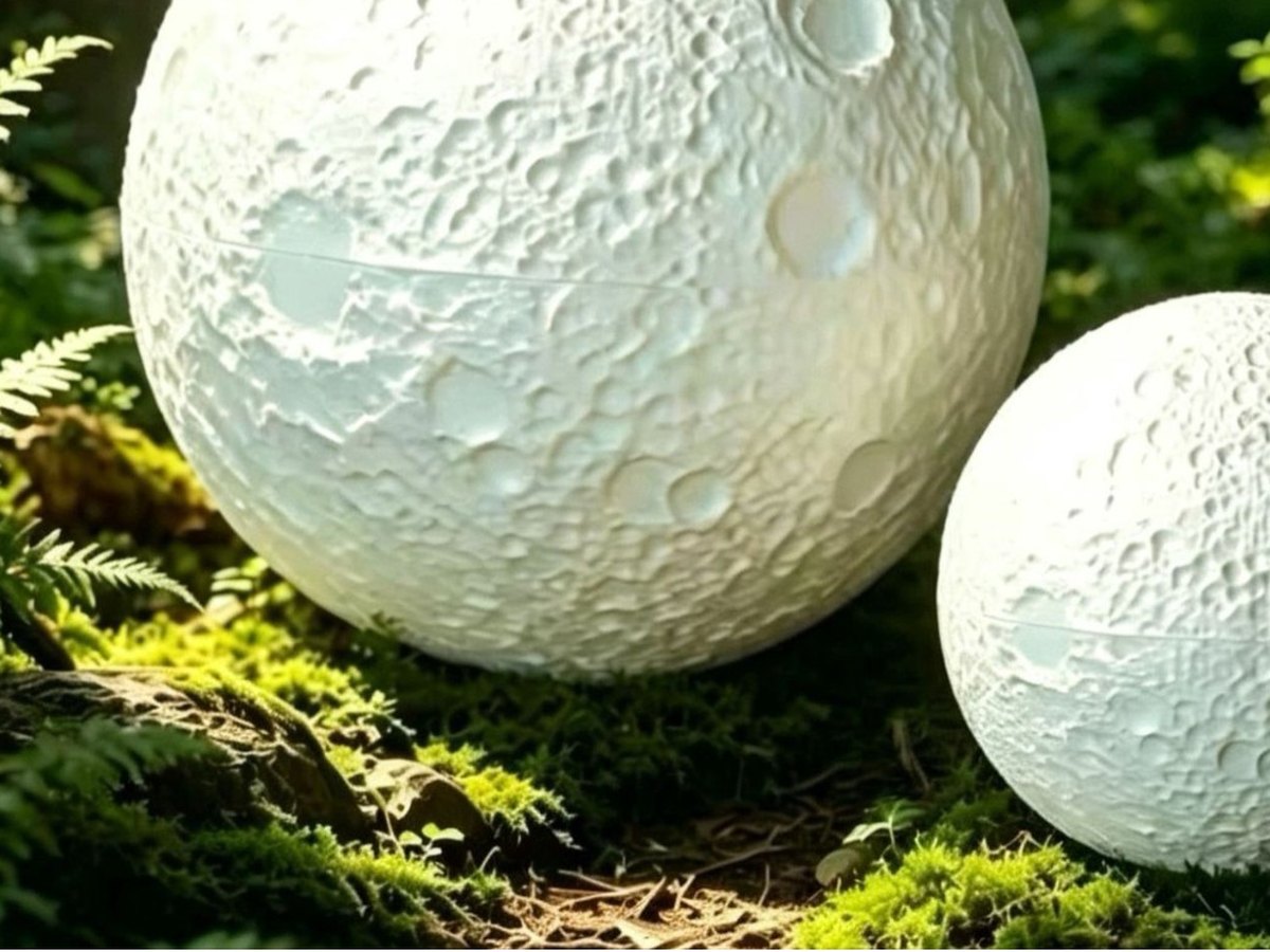 Biodegradable moon shaped pet urn resting on moss with two sizes shown