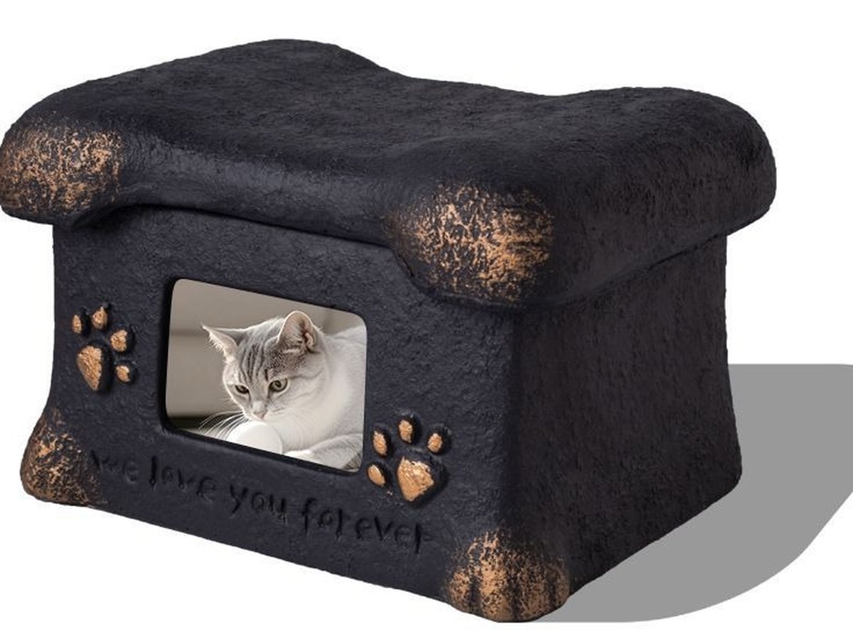Charcoal square pet urn with a photo window and a cat portrait inside